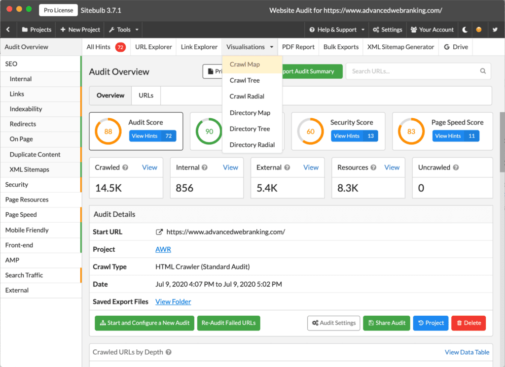 Sitebulb Audit Overview screen with Crawl Map highlighted.