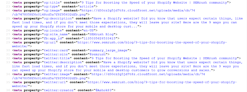 Screenshot with how Twitter cards appear in the webpages' HTML source.