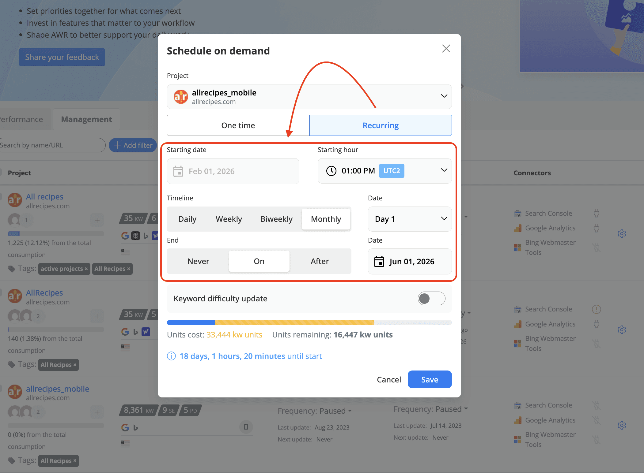 AWR New Scheduled On-Demand Updates Frequency