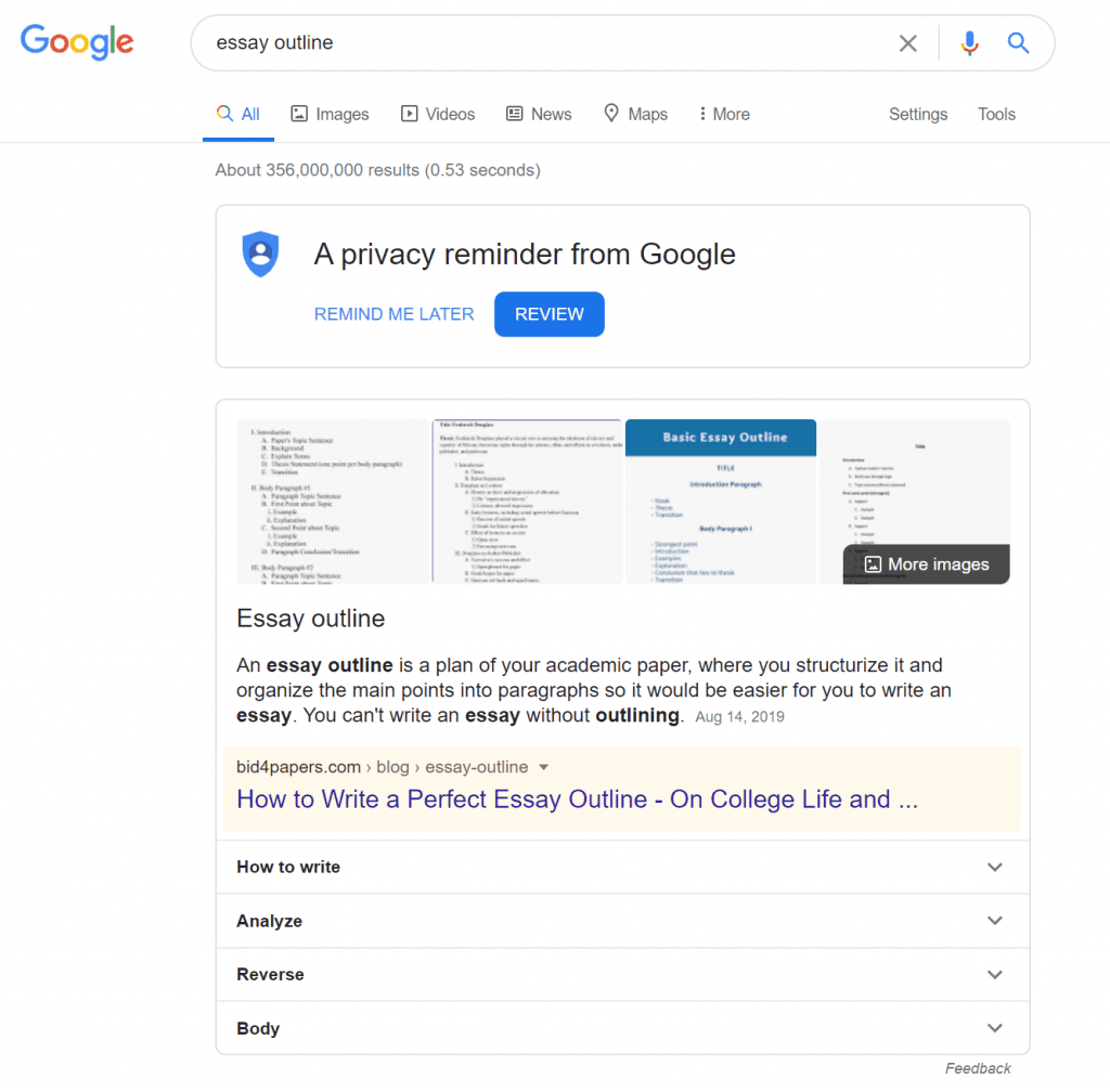 Featured snippet based on definition highlighted