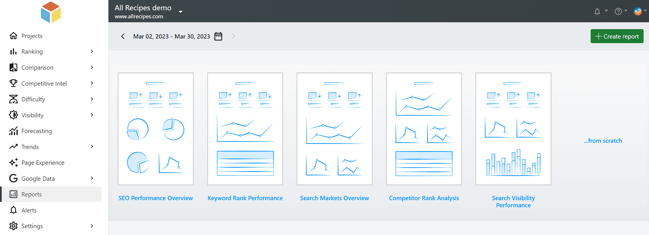 Advanced Web Ranking reports menu
