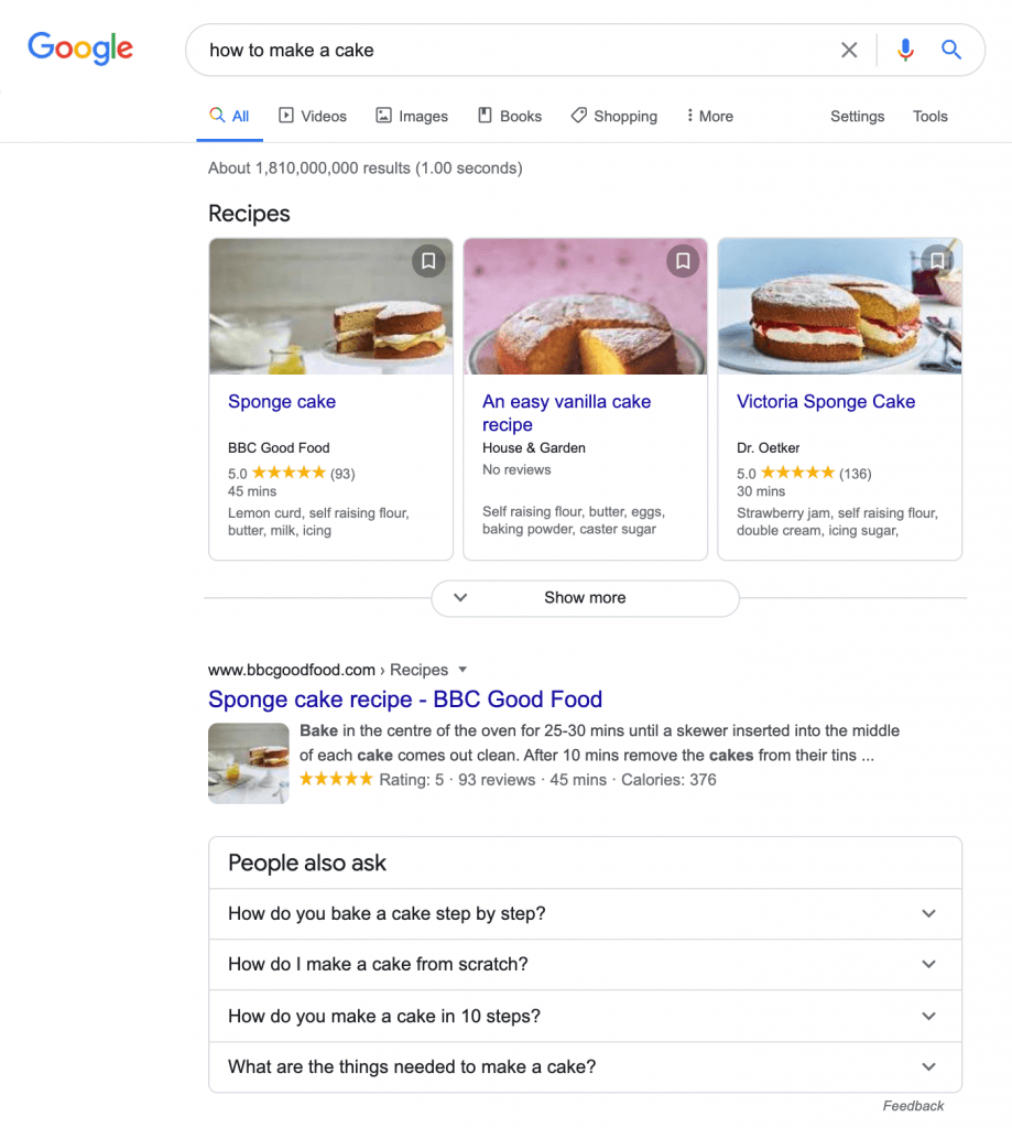 Semantic search, cake recipes 