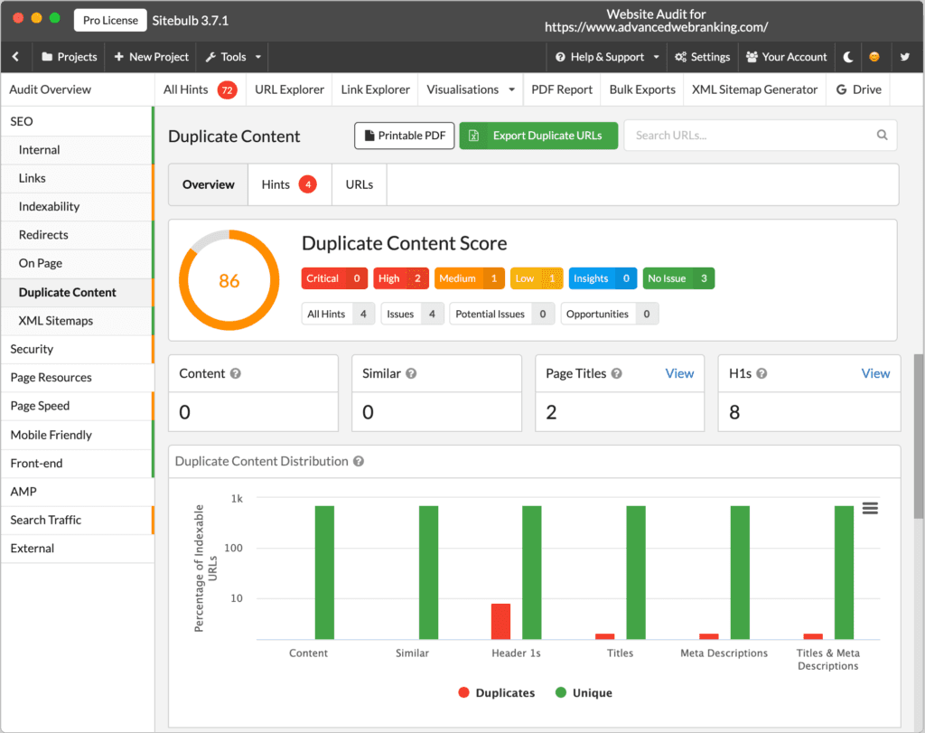 Duplicate content report in Sitebulb.