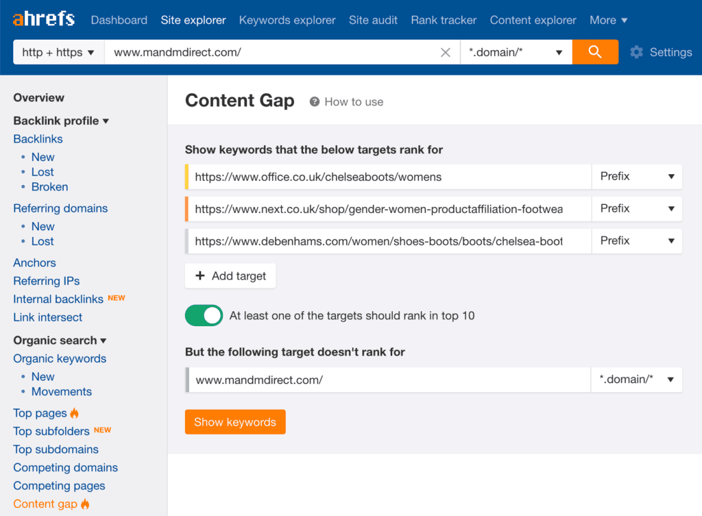 Content gap analysis for URL in Ahrefs.
