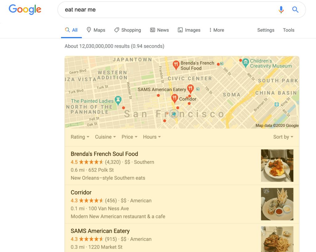 Local teaser search result on a desktop device