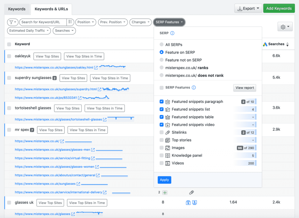 Advanced Web Ranking SERP Features filter
