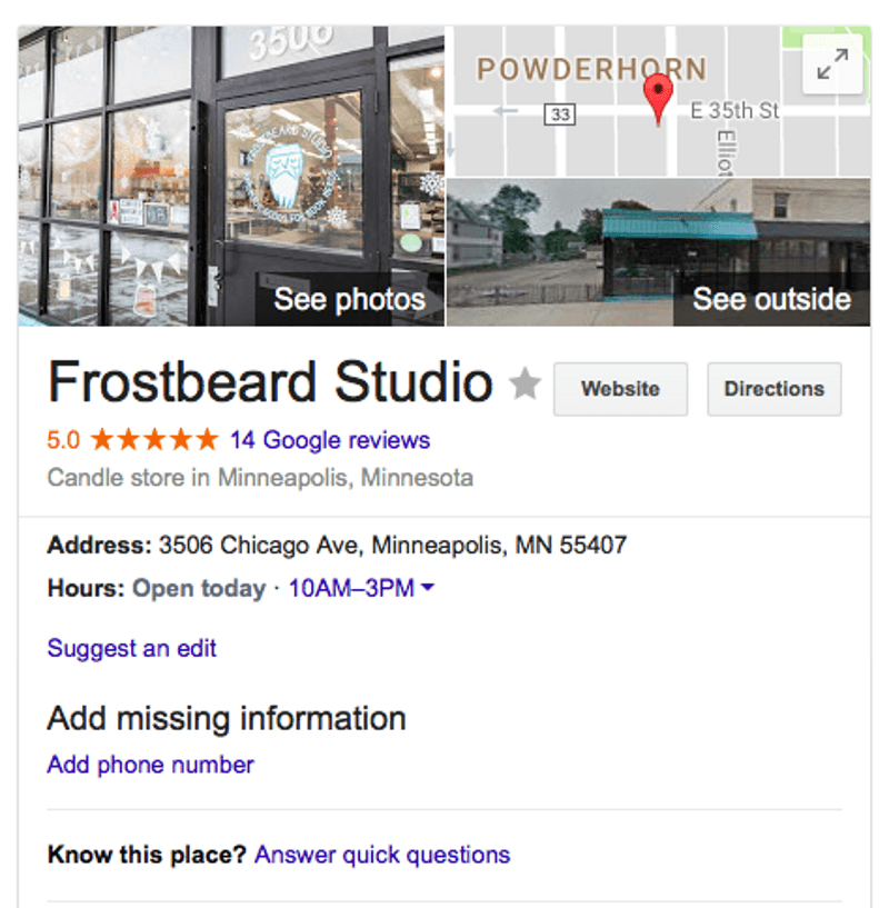 The Frostbeard Studio Google Local Business page