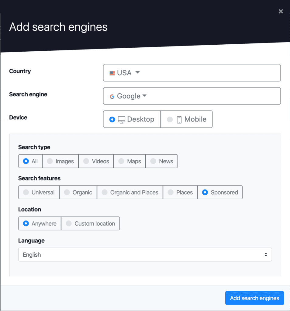 Advanced Web Ranking's Sponsored search engine for monitoring paid results