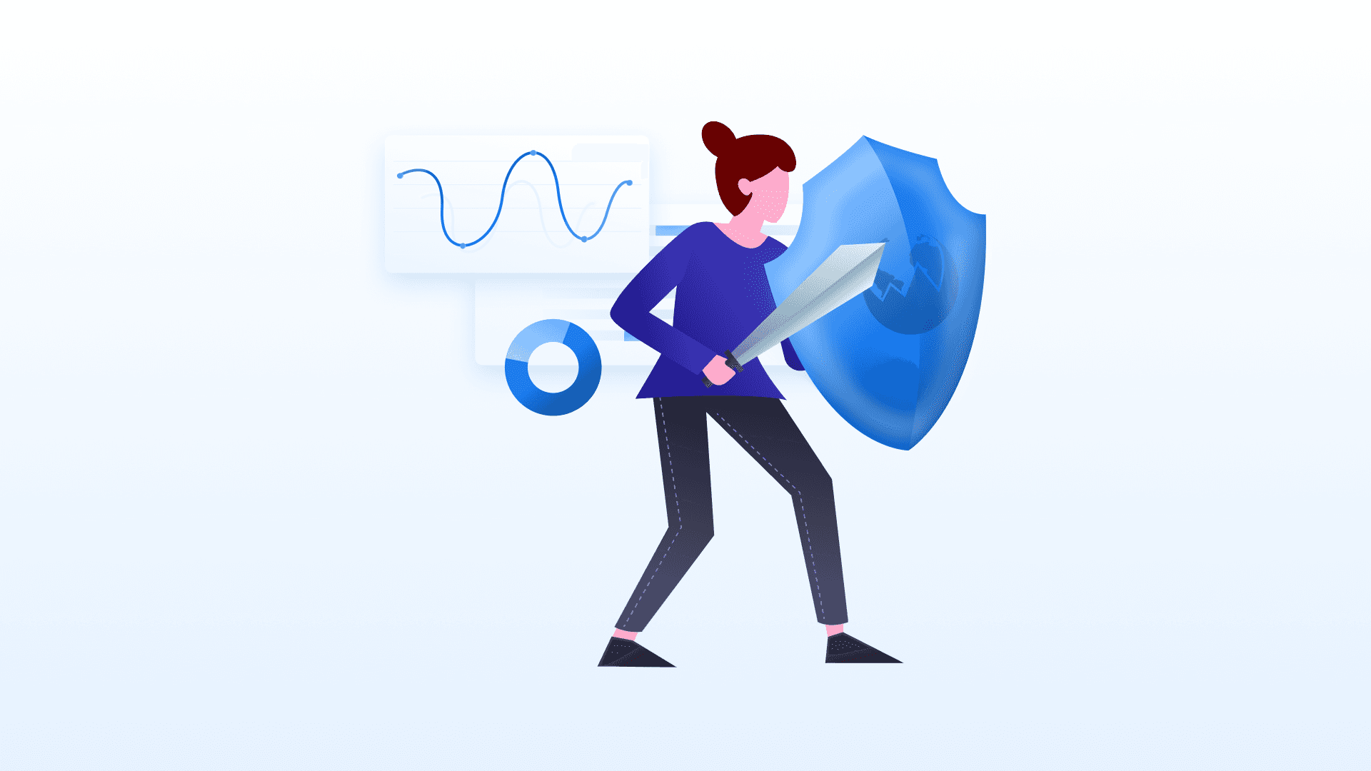 Visual with a woman holding a shield and a sword