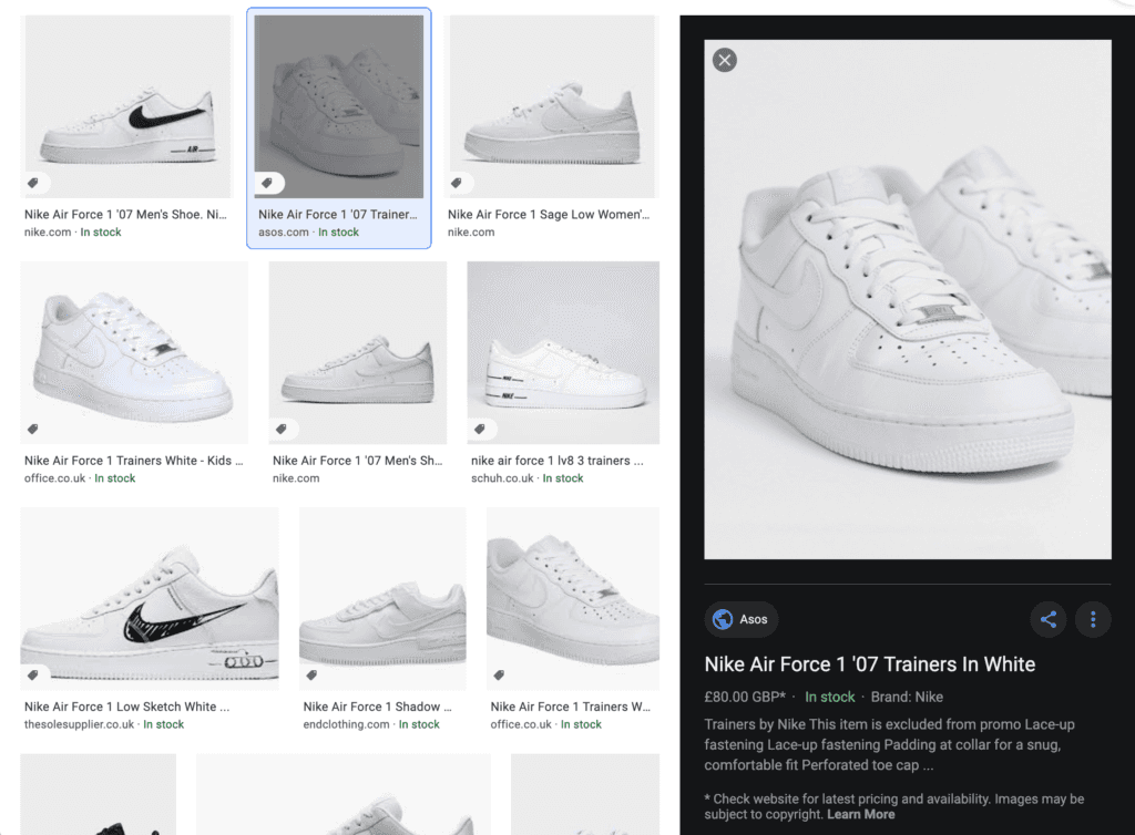 Google Image search detailed information containing the price, stock and brand info.